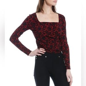 Michael Kors Matte Jersey Square Neck Ruched Floral Lace Long Sleeve Top Size. M